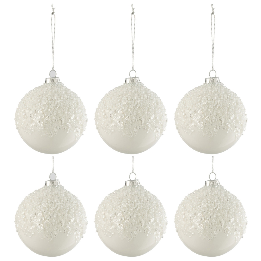 Set šesti bílých skleněných vánočních ozdob J-Line Snow Ball 9 cm